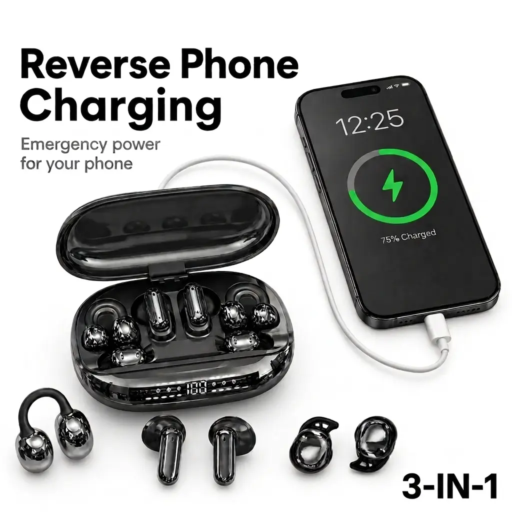 GT699S 【6 Earbuds+Charges Phones】Wireless Headphones With Power Bank Case, 3-IN-1 Sleep, In-Ear & Clip-On Earbuds Included, Reverse Phone Charging, Ideal for Sports & Sleep, Earphones for Music & Calls, Compatible with Android & iOS Audio Electronic