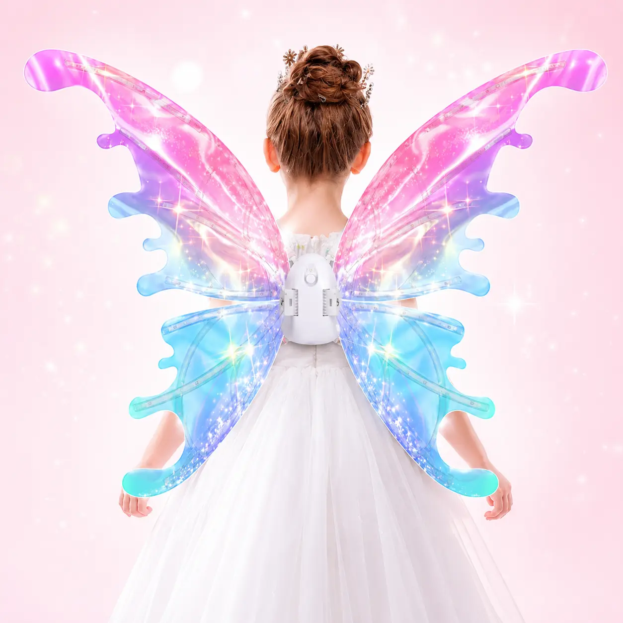 4-5 Years Girls' LED Butterfly Wings Party Costume - Light-Up Moving Wing Effect, Dress-Up Magic, Music, Adjustable Strap, ABS Material, Crystal Princess Wand+Crown, Halloween Birthday Festive Supplies Gift