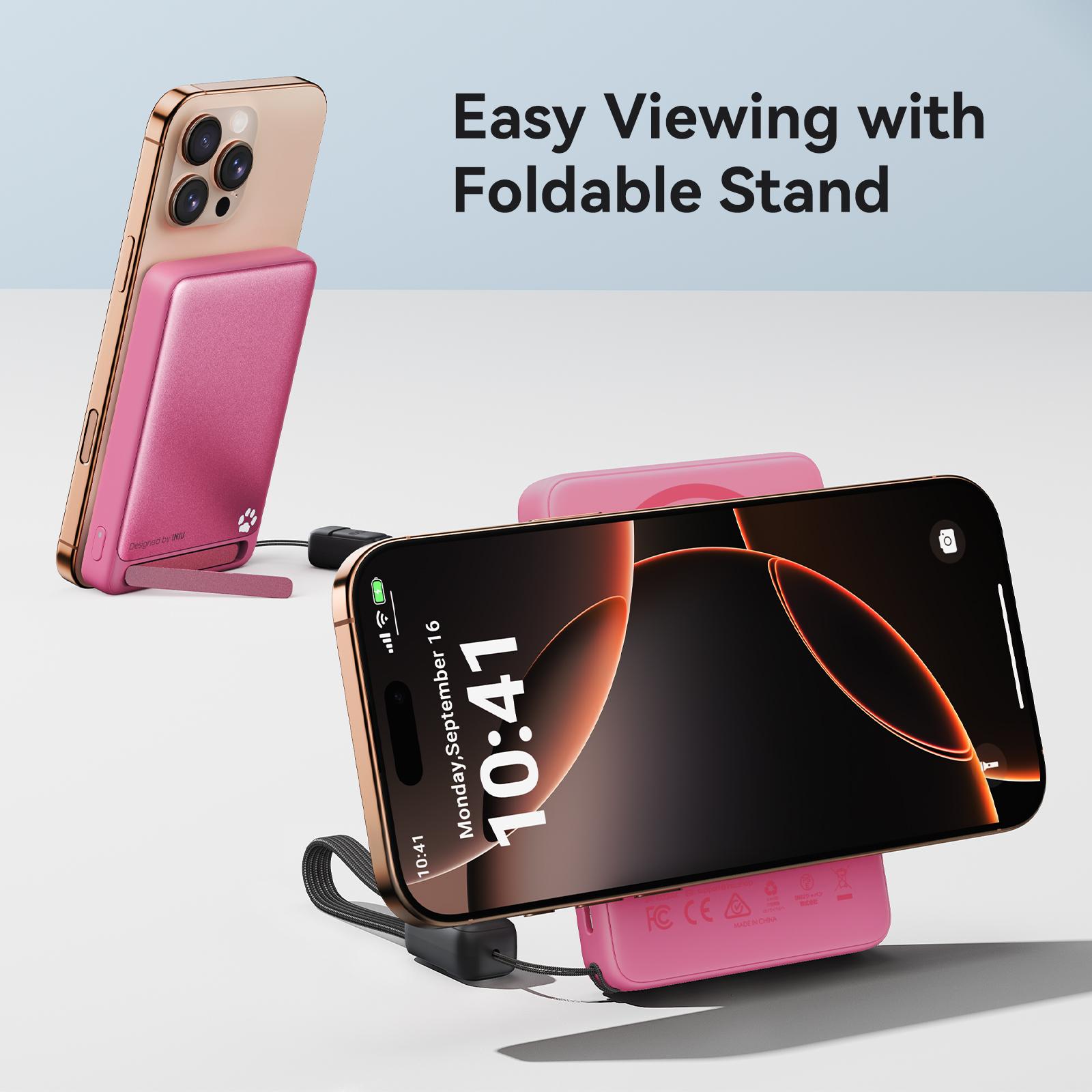 INIU MagFino Qi2 Certified 15W 10000mAh Magnetic Portable Charger with Built-In Foldable Stanｄ, Ultra Slim 45W Fast charging Power Bank Travel Wireless Metal Battery Pack, Detachable Lanyard USB C Cable Phone Charger for iPhone 17 16 15 14 13 12 Series