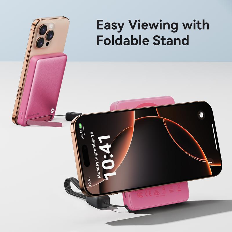 INIU MagFino Qi2 Certified 15W 10000mAh Magnetic Portable Charger with Built-In Foldable Stanｄ, Ultra Slim 45W Fast charging Power Bank Travel Wireless Metal Battery Pack, Detachable Lanyard USB C Cable Phone Charger for iPhone 17 16 15 14 13 12 Series