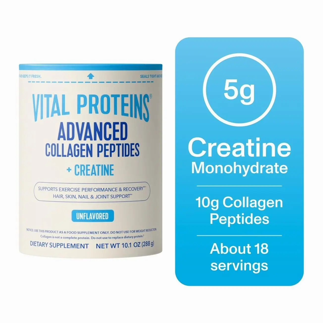 Vital Proteins Advanced Collagen Peptides Plus Creatine Monohydrate Powder, Supports Exercise Performance & Recovery, Unflavored, 10.1 oz