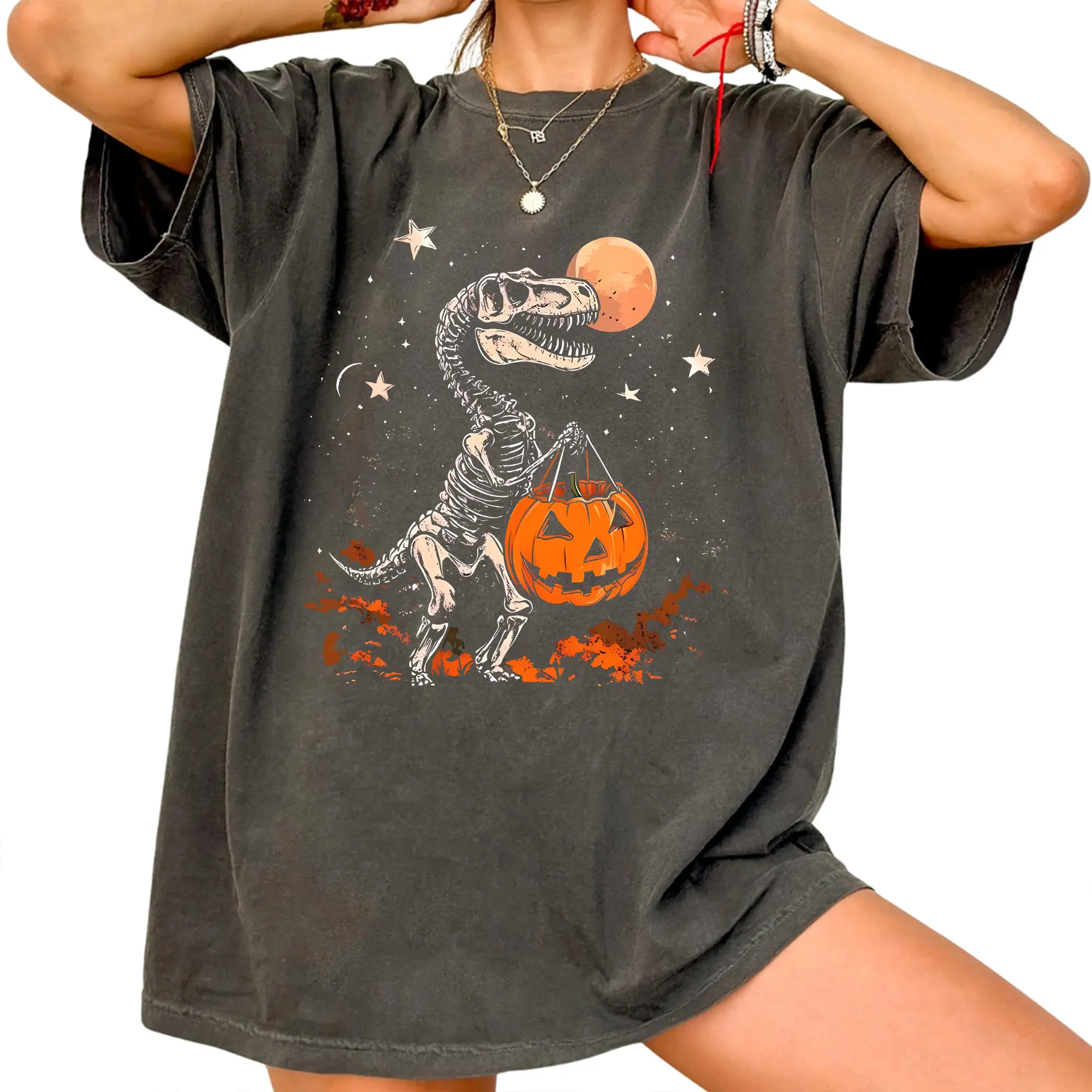 Vintage Dinosaur Halloween Graphic Tee, Pumpkin T-shirt, Spooky Aesthetic Shirt, Retro Halloween Tee, Skeleton Dino Shirt, Halloween Night Shirt, Moon, Star Halloween Shirt, Gift for Men Women, Crew Neck T-shirt, Trending T-shirt