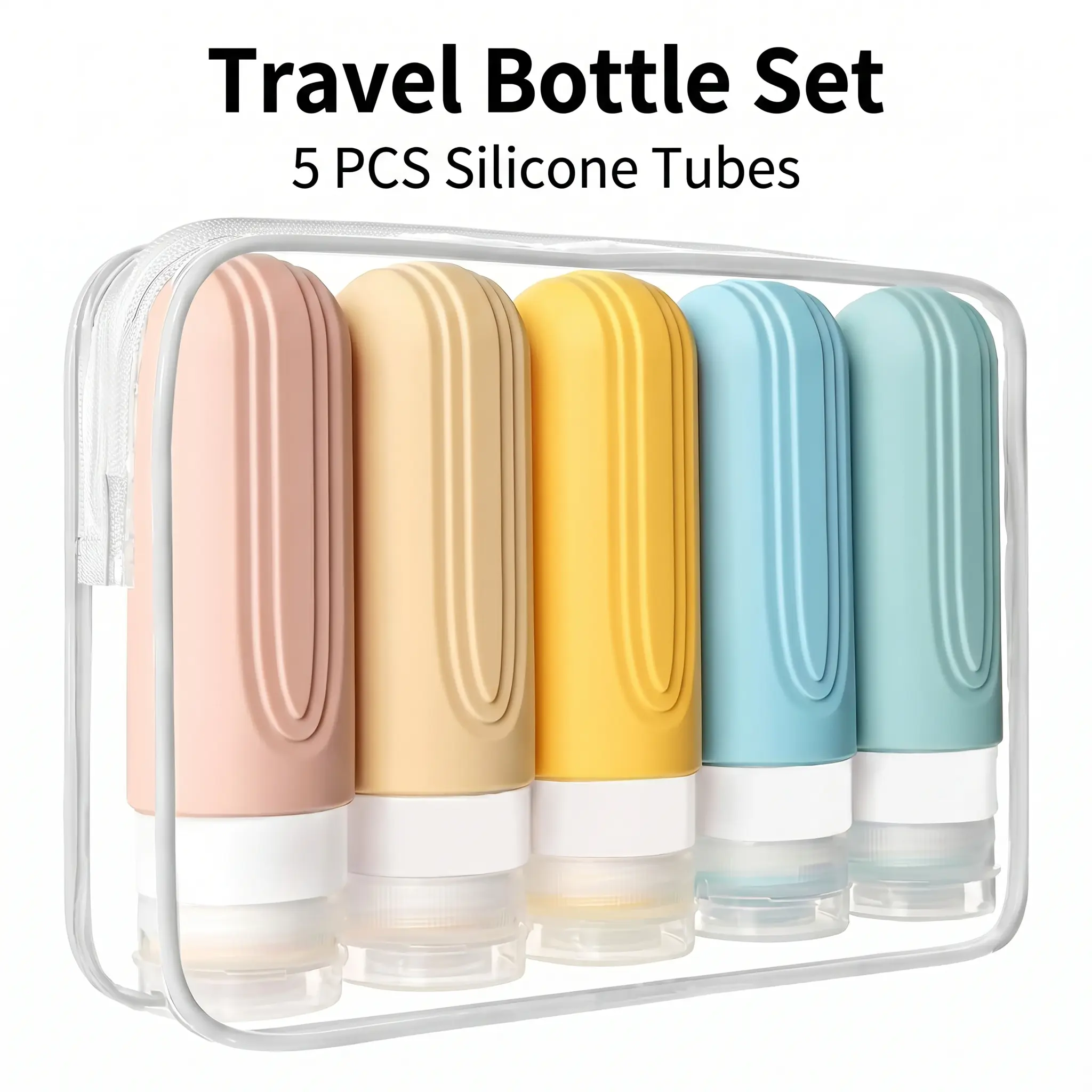 Travel Size Multi-Pack Plastic Toiletry Containers Set - 5Pcs 3oz TSA Approved, Leakproof, Portable, Checkpoint-Friendly Airplane Accessories with Storage Toiletry Bag for Shampoo, Conditioner, Cosmetics