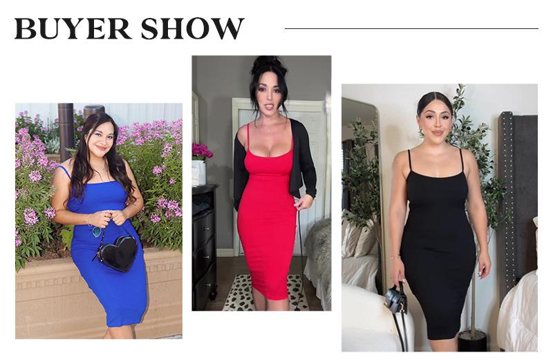 Popilush Slip Midi Dress Built-In Shapewear Spaghetti Straps Tummy Control Bodycon Sexy Casual Fabric