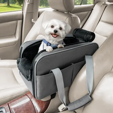 PETSFIT Fabric Center Console Dog Car Seat - Airline Approved Carrier with 2 Pockets, Ample/Compact Storage, Lockable Zipper, Detachable Soft Pad, Safety Tether, Hygienic Env, Portable for Small Dogs/Cats Up to 9 LBS (16.9"x9"x9.5", Deep Grey)