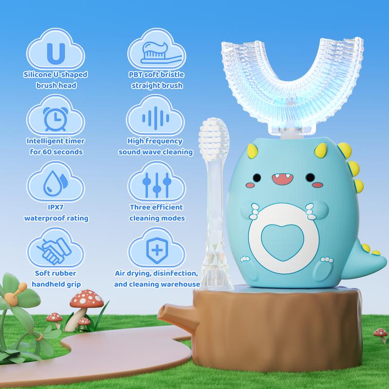 Children's C-Type Electric Toothbrush, Multi-Mode high-Frequency Sonic Vibration Toothbrush, Cute Cartoon Dinosaur Shape 360-degree Cleaning IPX7 Waterproof Design (2-12 Years Old)