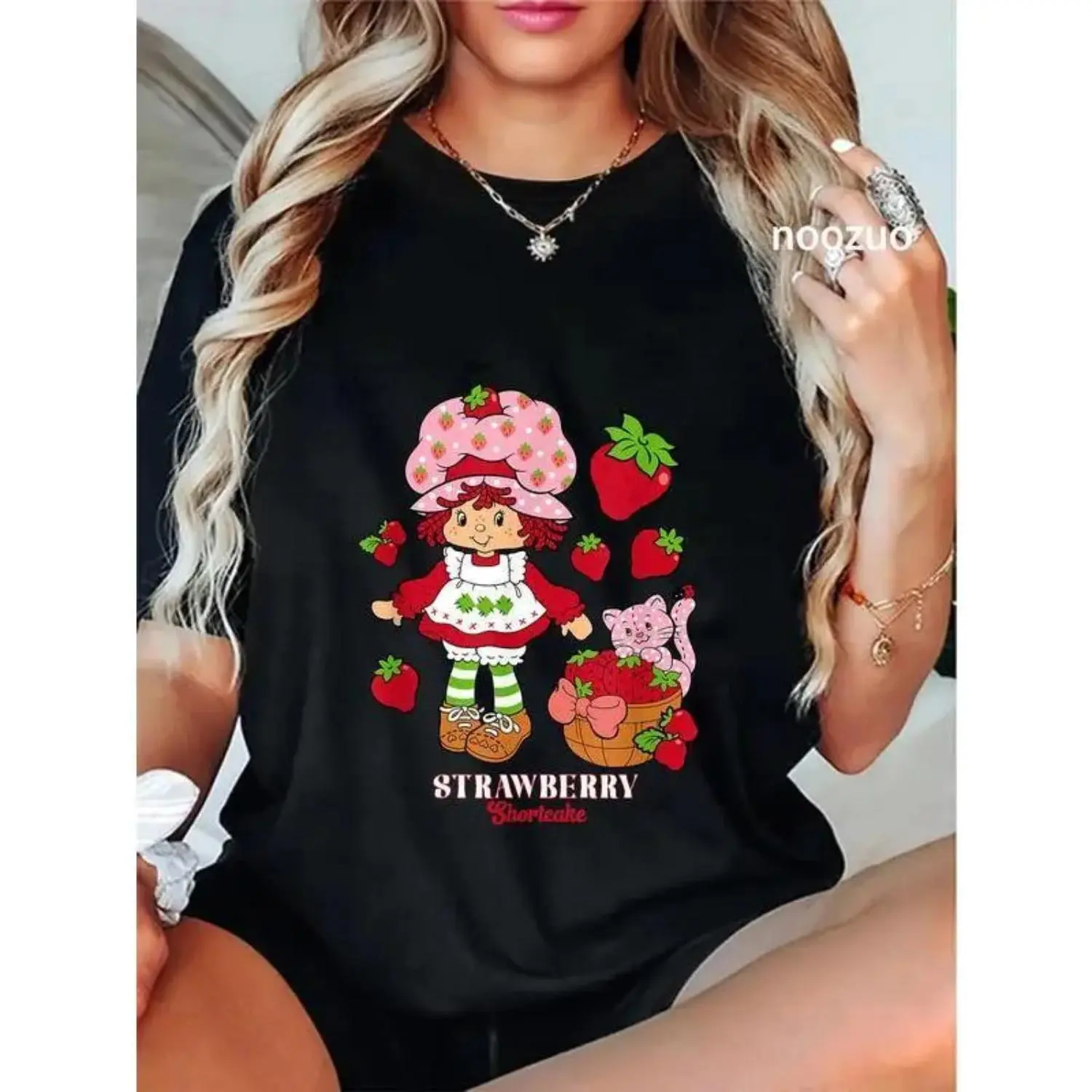 Pure Cotton Unisex Strawberry Shortcake and Kitty Custard Vintage T-Shirt Casual Top