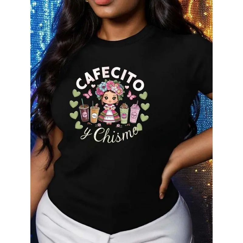 Women's 100% Cotton Round Neck Short Sleeve "Cafecito y Chismo" Graphic Print T-Shirt - Perfect Casual Wear, Elegant Design, Comfortable Fit, Unique Style, Breathable Fabric - Great Gift Idea for Coffee Lovers and Bold Fashion Enthusiasts graphic tee