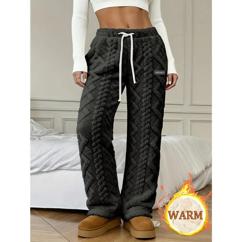 Women's Winter -Lined Casual Pants, Jacquard Fabric, Drawstring Waist, Suitable for Winter Home and Outdoor Wear