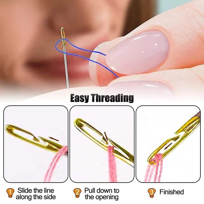 Self-threading Needle Set, 30pcs/set Multi-purpose Household Hand Sewing Needle with Wooden Needle Case, Fabrics & Sewing Supplies