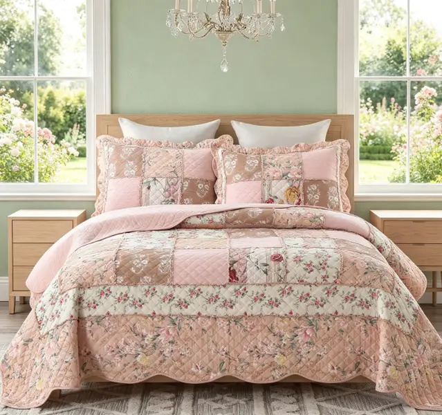 Queen Size Real Cotton Patchwork Bedding Set - Bed Comforter Set with 2 Pillow Shams, Soft, Warm, Breathable All-Season Coverlet, Bedding Sets, With Shams