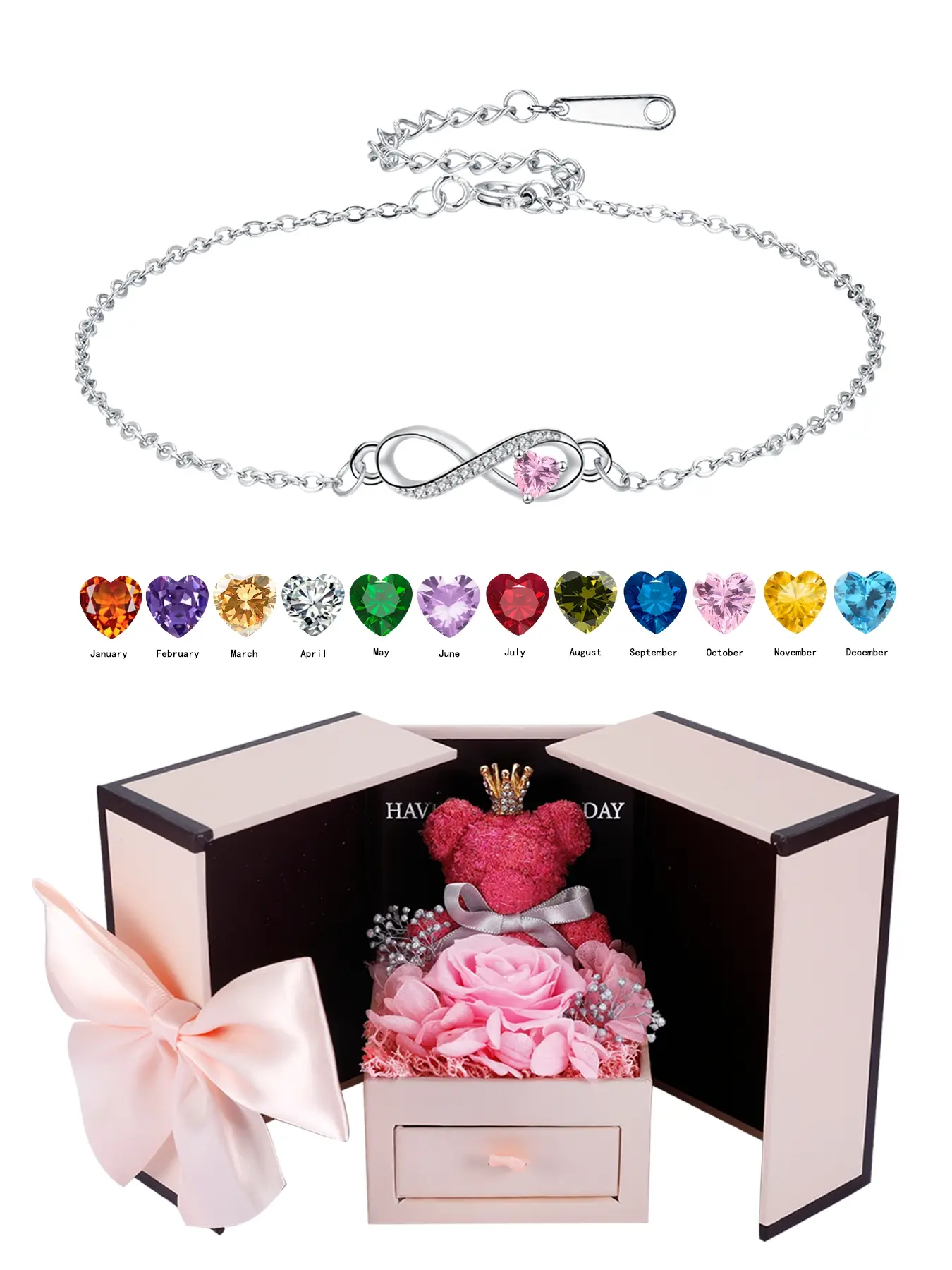Love Heart CZ Birthstone Infinity Bracelets With Moss Bear Artificial Rose Jewelry Gift Box, Endless Love Symbol Bracelets, Eternal Heart Bracelet for Women, Anniversary Birthday Gift for Wife Mom, Heart Shaped Bracelet