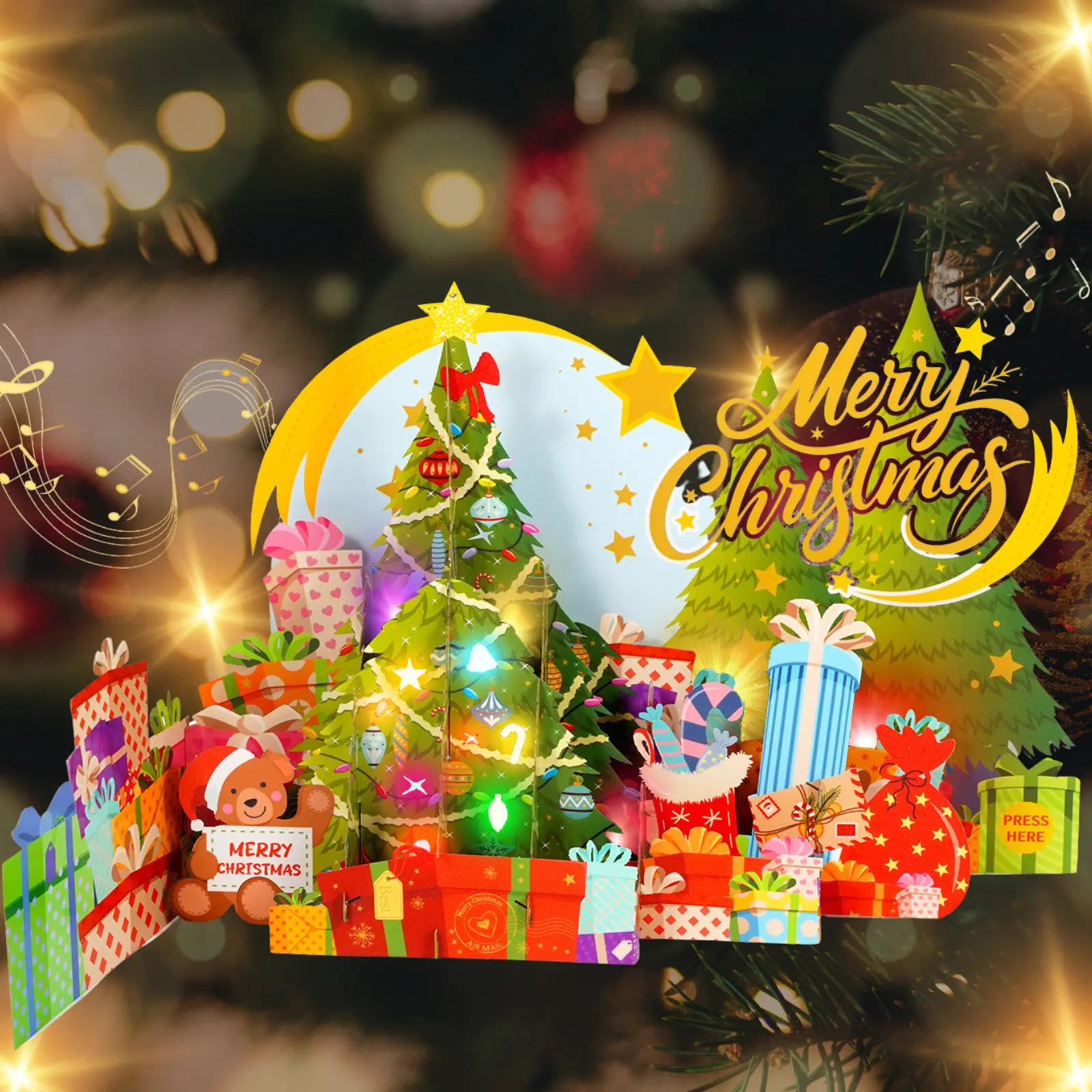 Interactive 3D Pop-Up Greeting Cards with Lights, Music, Merry Christmas Song, Classic Envelope, Easy Mail & Heartfelt Messages, Ideal for Christmas Gifting Moments