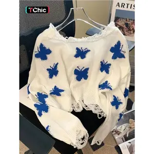 Women's Y2K Butterfly Print Ripped Drop Shoulder Long Sleeve Sweater, Elegant Fashion Casual Crew Neck Jumper for Daily Holiday Wear, Women Knitwear for Spring & Fall