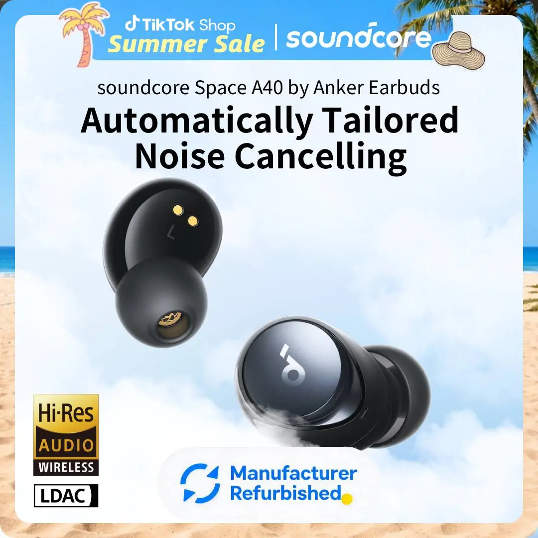 [Refurbished]Soundcore by Anker Space A40 Adaptive Active Noise Cancelling Wireless Earbuds, Reduce Noise by Up to 98%, Ultra Long 50H Playtime, 10H Single Playtime, Hi-Res Sound, Comfortable Fit, Wireless Charge #tiktokshopsummersale, True Wireless Earbu