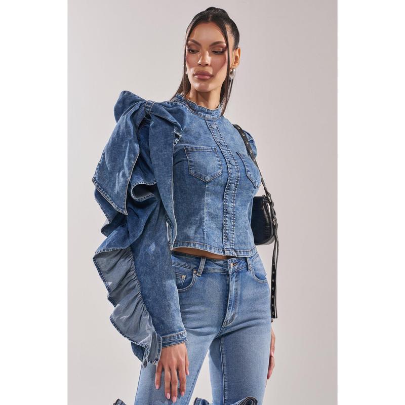 SEIZE THE DAY LONG SLEEVE FLOUNCE MEDIUM BLUE DENIM TOP