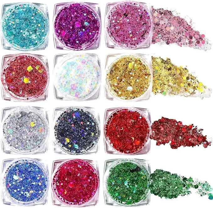 Face & Body Glitter Gel Set - 12 Vibrant Shades - Long Lasting Cosmetic Glitter for Festival Makeup, Hair Sparkles, Carnival Parties - Waterproof Non-Irritating