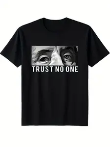 Men's TRUST NO ONE Graphic T-Shirt - Black Cotton Crew Neck Tee with Face Print Design, Matching Drawstring, Casual Summer Sportswear for Adult