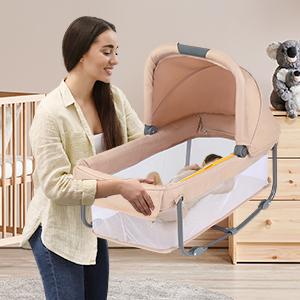 JOYMOR Twin Bassinet for Baby, Bedside Bassinet, Convertible to Bedside Sleeper & Playpen Foldable Portable Sleeping Cot with Wheels & Brake JOYMOR Twin Bassinet for Baby, Bedside Bassinet, Convertible to Bedside Sleeper & Playpen Foldable Portable Sleeping Cot with Wheels & Brake