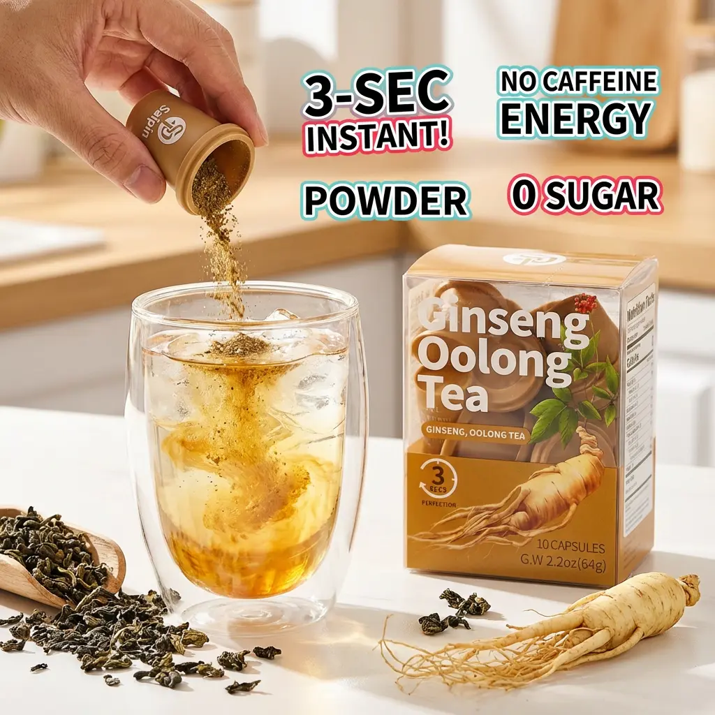 Organic Ginseng Tea Pods - Clean Organic Herbal Tea, Natural Instant Oolong Drink, Freeze-Dried Blend with Matcha & Mullein Leaf, Sugar-Free, Caffeine-Free, Healthy Drinks for Focus & Vitality, Natural Remedies Herbal Medicine Support, 10 Count
