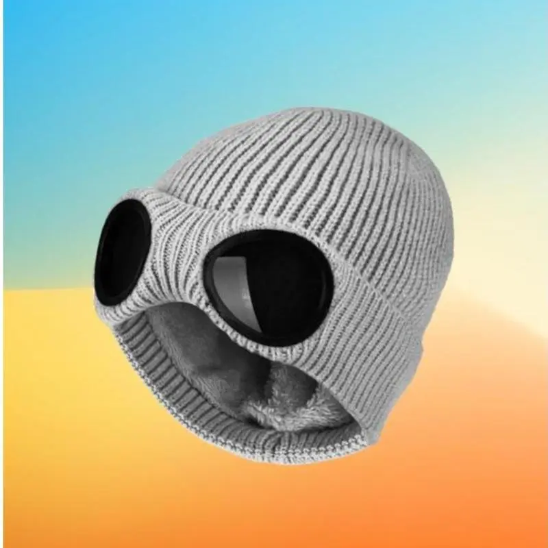 Unisex Warm High-Quality Knit Fabric Beanie Hat - Simple Plain Grey, Fitted & Cozy, With Goggle Lens, Thermal Fall-Winter Casual Wear, One Size Back to School Accessory, High Quality Hat