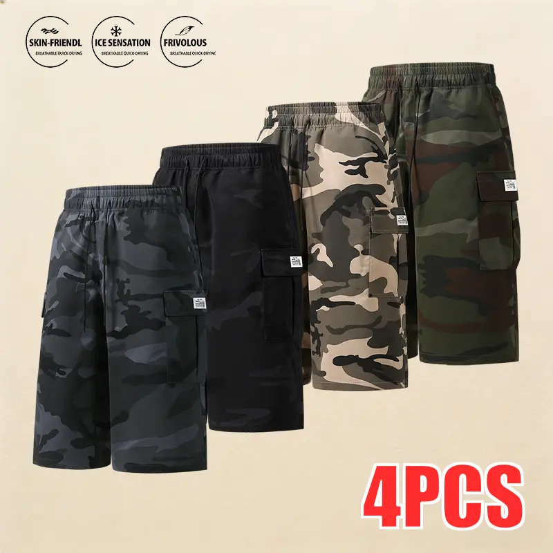 Men’s camouflage cargo shorts — multiple pockets, drawstring waist, casual street style. SpringStatements comfortable, breathable casual bottoms—fashionable and versatile.Fashion, menswear.