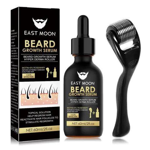 Men's Beard Growth Serum & Derma Roller Kit Set - Beard Care Routine Adult Grooming Product for All, Nourishing Liquid, Boosts Blood Flow, Thickens Hair, Adds Shine, Ideal Mens Gifts (Apply + Roll)