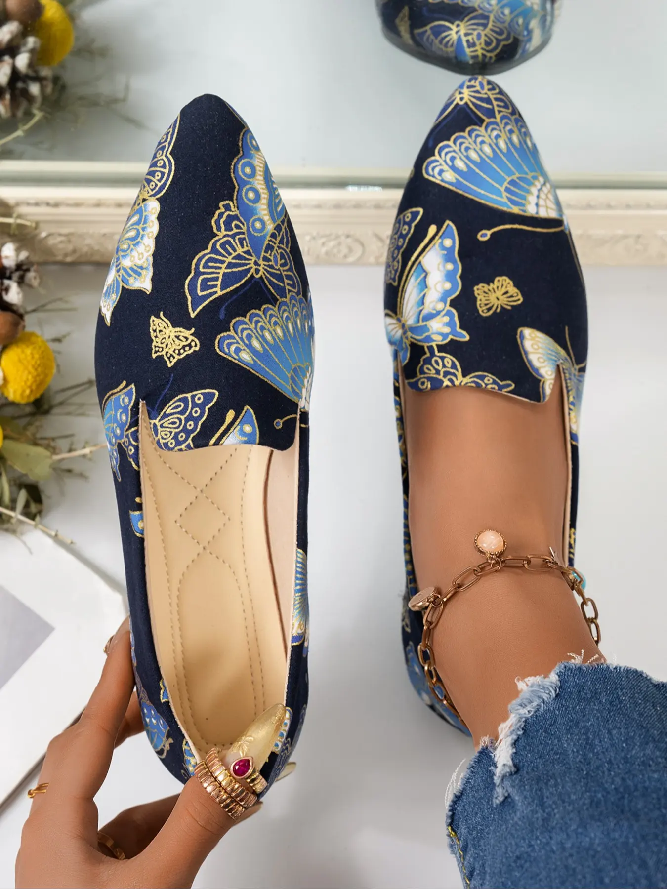 New Spring Autumn Dance Shoes for Women, Casual Versatile Fashion Pointed Toe Flat Low Heel Single Shoe, Colorful Print Wedding Shoes, Butterfly Decorated Soft Sole Loafers, Casual Trendy Flat Footwear, Soft Sole Flats