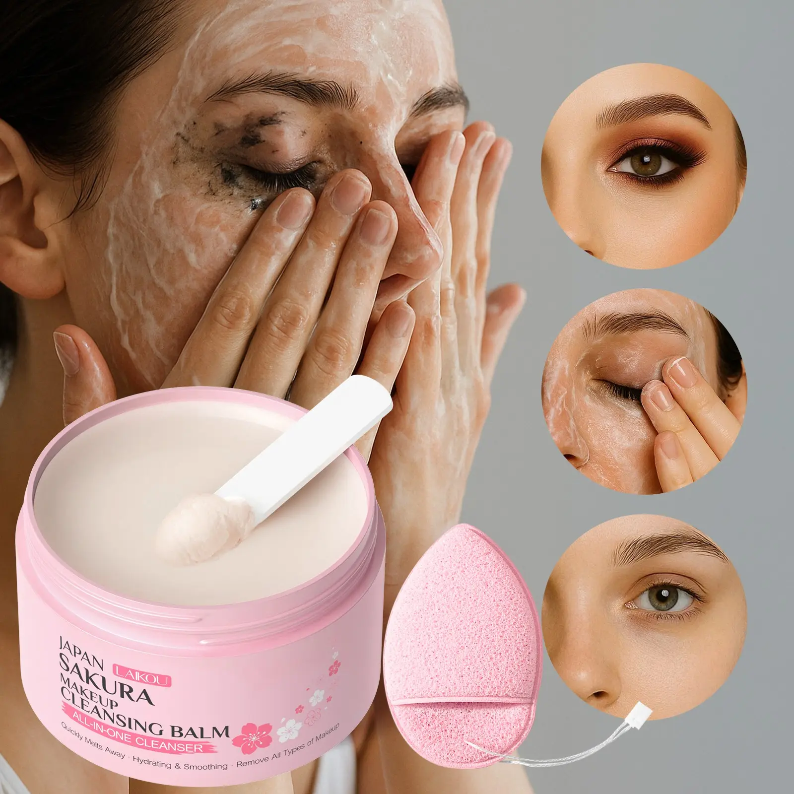 Sakura Cleansing Balm, Gentle Makeup Remover for Sensitive Skin, Facial Makeup Remover with Facial Cleaning Puff, Facial Cleansing Product for Women, Face Cleaner