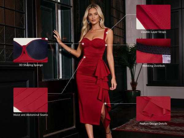 CurvySweet Women's Formal Evening Midi Cocktail Dress Built-in Bra Ruched Sleeveless Slit Ruffle Fall Wedding Guest Dresses Elegant Breathable Elegance