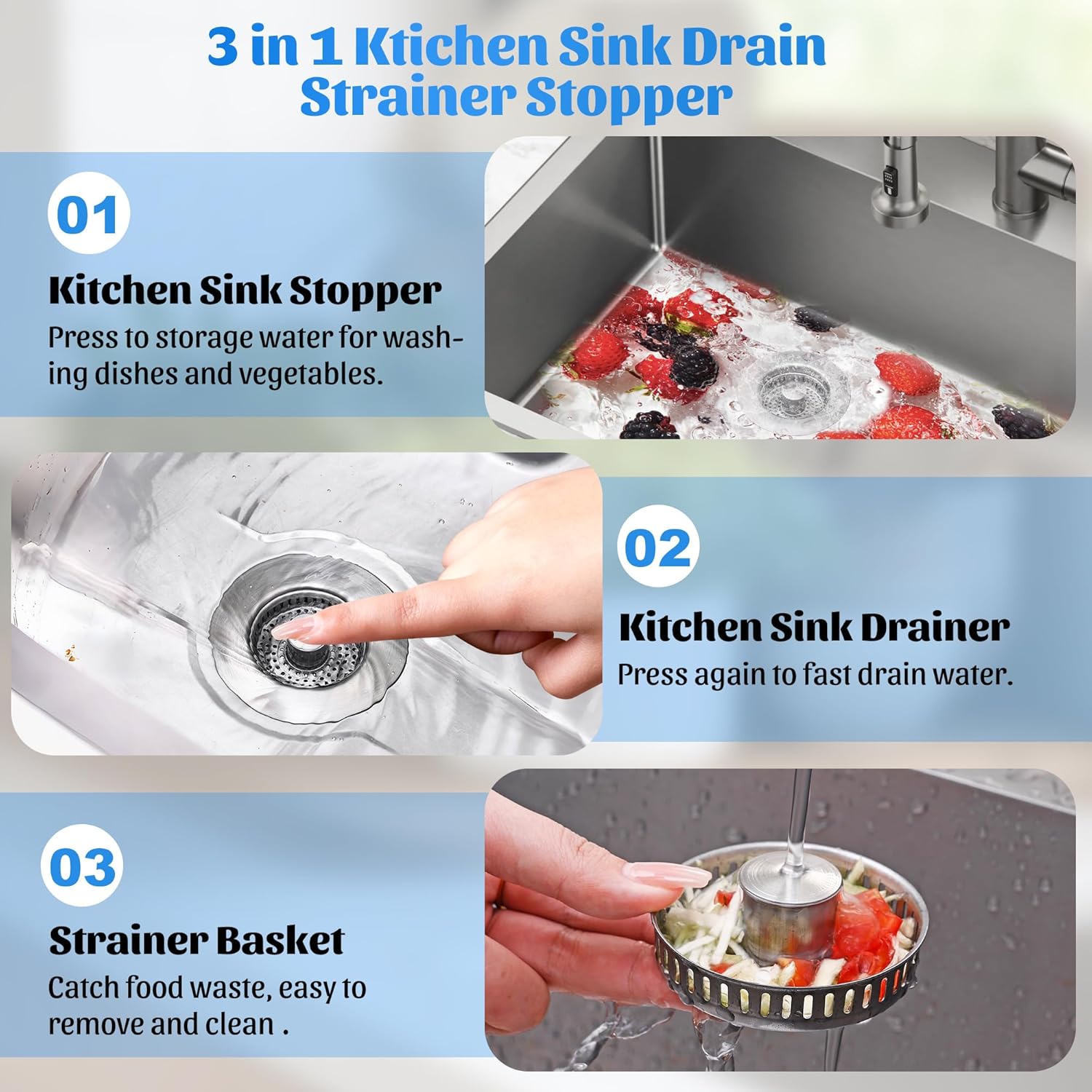 3 in 1 Kitchen Sink Drain Strainer, 304 Stainless Steel Pop Up Sink Stopper, Anti-Clogging Basket Odor Filter Sink Drain Cover Plug for US Standard Kitchen Drain 3 in 1 Kitchen Sink Drain Strainer, 304 Stainless Steel Pop Up Sink Stopper, Anti-Clogging Basket Odor Filter Sink Drain Cover Plug for US Standard Kitchen Drain
