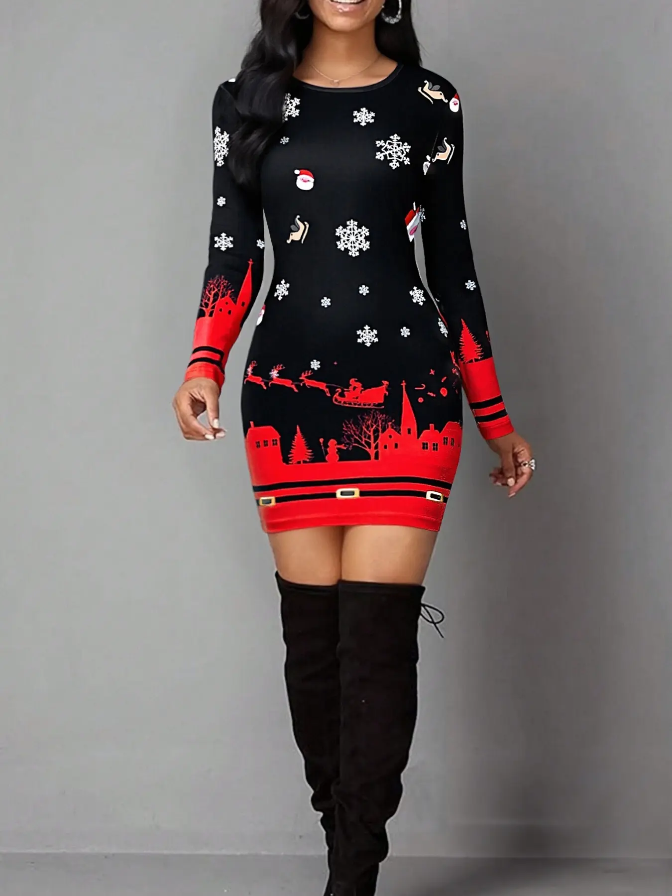 Women's Vintage Geometric Print Animal Casual Long Sleeve Dress, Elastic Polyester Blend Backless Mini Tight Fit, Perfect for Daily Wear, Christmas New Year