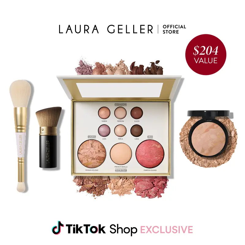 Laura Geller Tuscan Dreams Holiday Baked Starter Kit 4PC - Full Face Makeup Palette with Powder Foundation and Brushes for Flawless Skin - Makeup Set - Easy Application - Makeup for mature skin