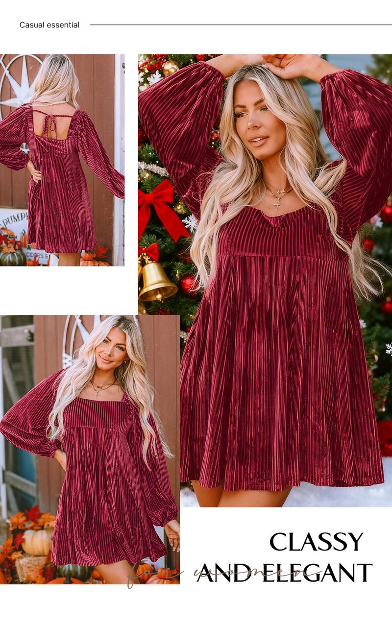 Asvivid Women's Tie Back Square Neck Velvet Babydoll Dress with Pockets for Spring Fall Fashion Long Sleeve Sweet Holiday Dresses Longsleeves Lady Womenswear Casual Wear