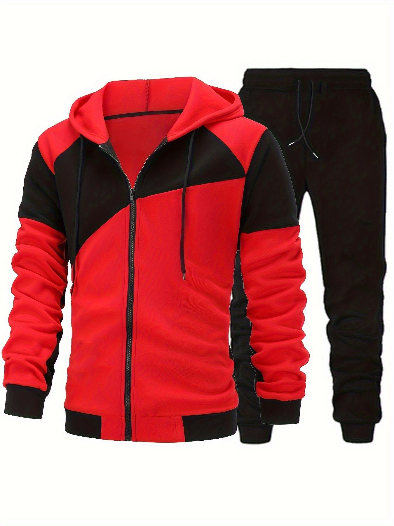 Fashionable Men's Color Block Hooded Sports Set – Zippered 2-Piece Casual Sportswear, Suitable for Everyday Wear