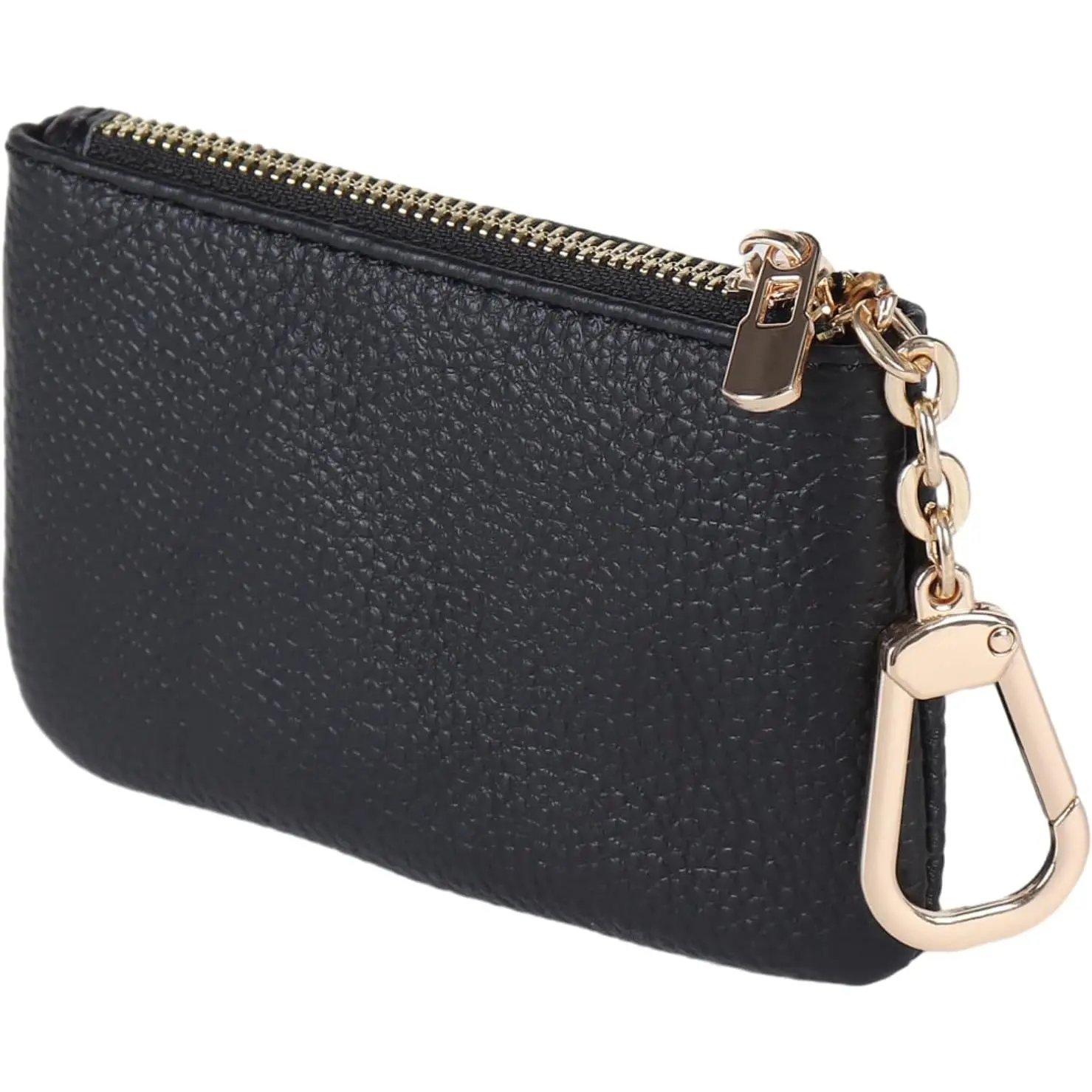Women's BYB7 Full Grain Leather Coin Purse with Key Chain - Leather Zipper Wallet, Small Change Holder, Card Pouch (Black), Elegant Coin Purse, Exquisite Wallet
