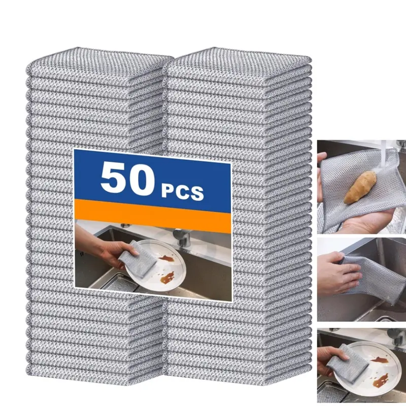 50Pcs Double Layer Wire Dishwashing Rags Non-Scratch Multipurpose Sturdy Wire Cleaning Cloth Towel for Kitchen, Stove Top Cotton Steel Household Microfiber Cleaning Rags Microfiber Cleaning Cloths