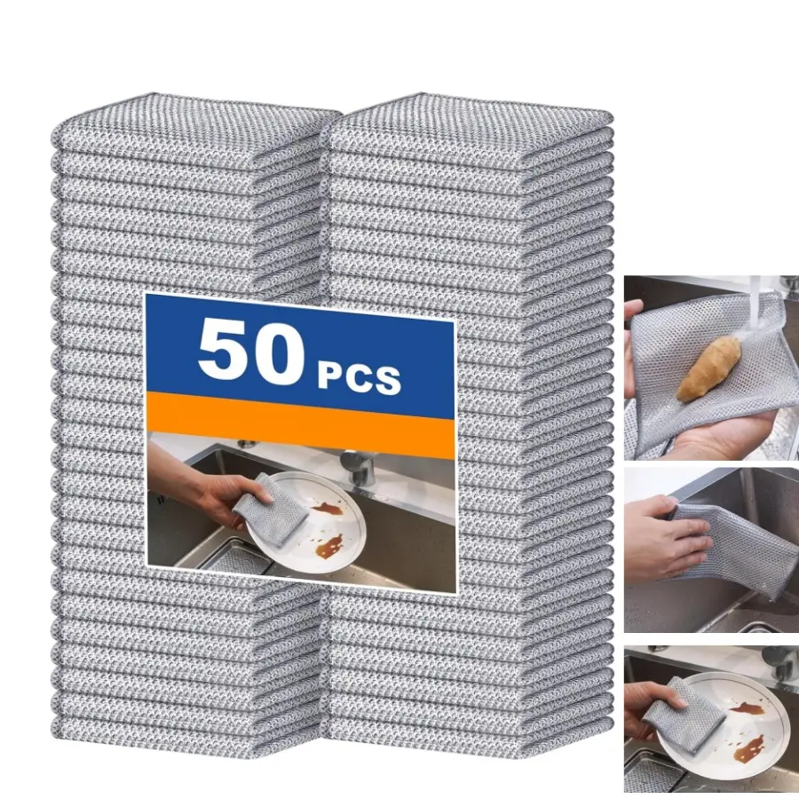 50Pcs Double Layer Wire Dishwashing Rags Non-Scratch Multipurpose Sturdy Wire Cleaning Cloth Towel for Kitchen, Stove Top Cotton Steel Household Microfiber Cleaning Rags Microfiber Cleaning Cloths