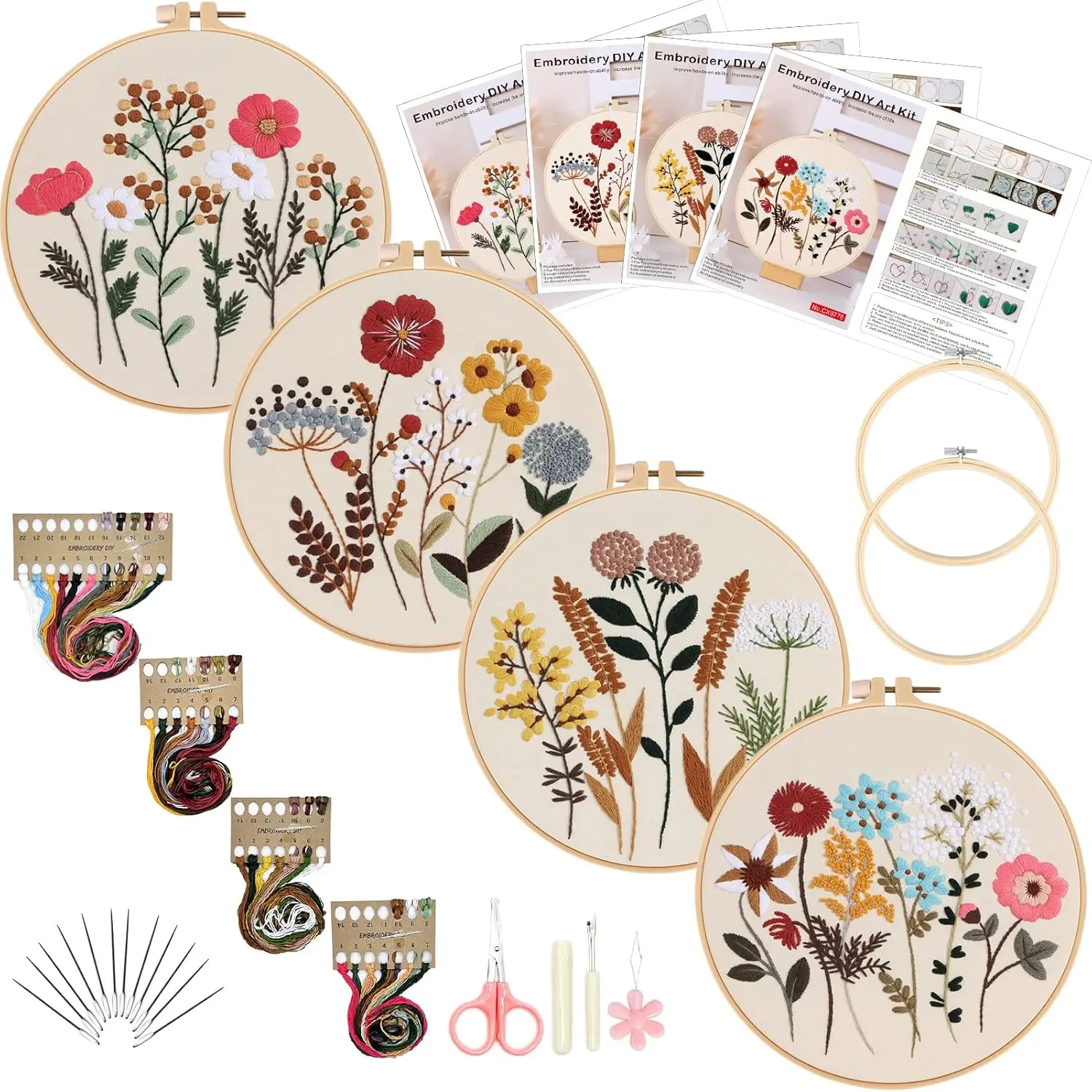 4 pack Embroidery Kit for Beginners Floral Pattern Embroidery Starter Kits with 4 Pack Cross Stitch Kits, 2 Wooden Embroidery Hoops, Threads and Needles