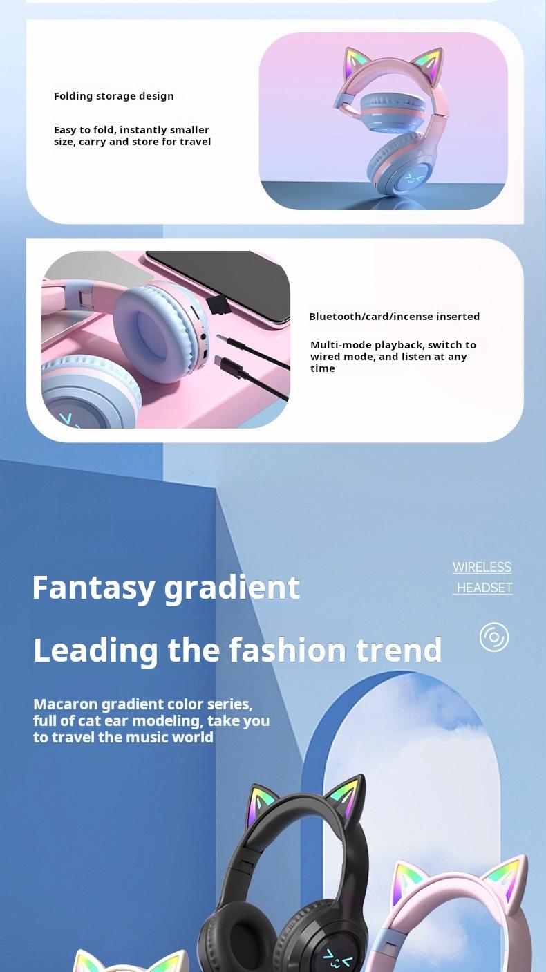 Wireless Bluetooth Cat Ear Headphones LED Light Up Foldable Over Ear with Built in Microphone Long Battery Life for Phone Tablet iPad Laptop Computer Cute Gift for Kids Teens and Adults