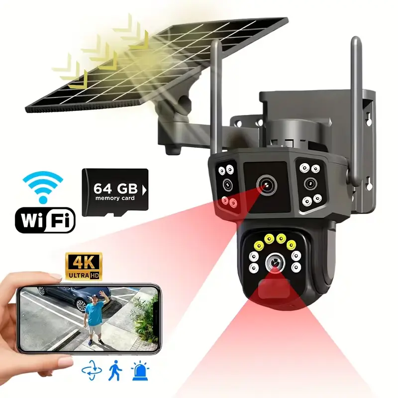 4K/8MP Solar Cordless Security Camera -2.4GHz WiFi, 360° Panoramic Wireless Outdoor View, PIR Motion Detection, Dual Lenses Color Night Vision, 2-Way Audio, Anti-Theft Spying Protection, Cloud Storage, Memory Card, Smart Home Gadget, Solar Cordless Camera
