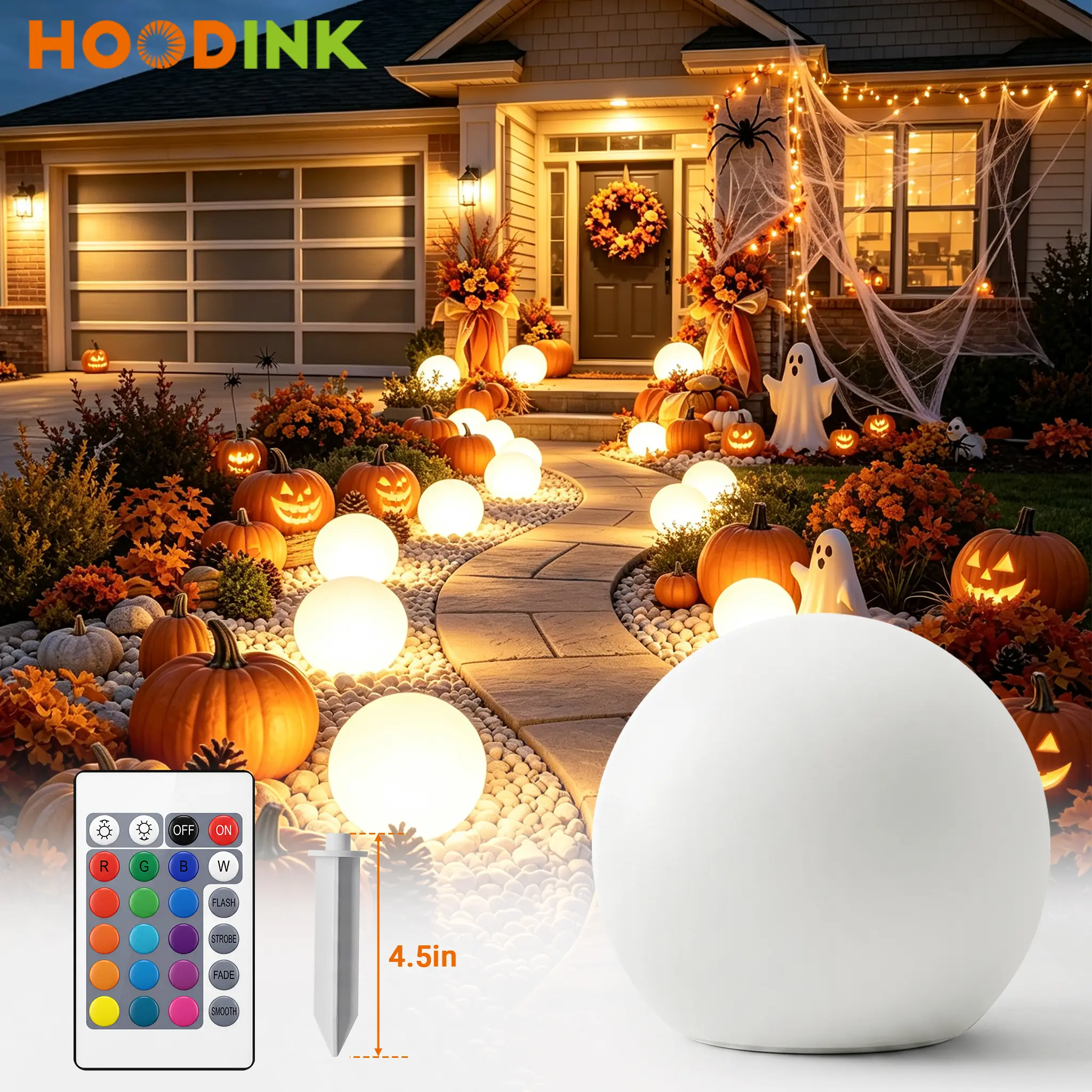 Hoodink 8-in Solar Globe Light - Waterproof Plastic Mood Lamp with Remote, 16 RGB Colors, Ground Stake, Outdoor Gadgets for Friends, Water Resistant Aesthetic Home Decor Gift