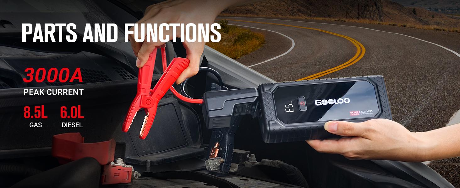 GOOLOO GE3000 Car Jump Starter 3000A Portable Jump Box (up to 8.5L Gas/ 6L Diesel), 12V SuperSafe Lithium Battery Booster Jump Starter with Smart Charging Port and LED Light