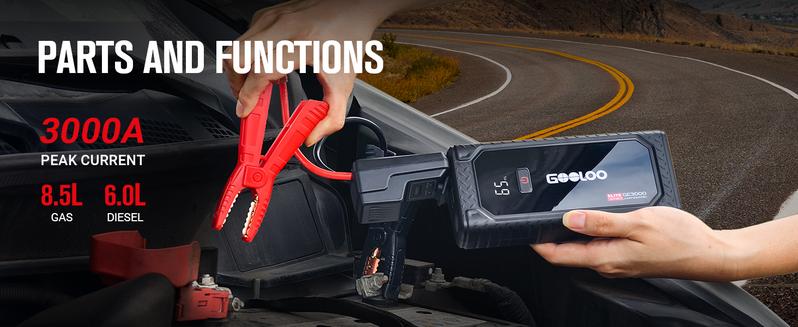 GOOLOO GE3000 Car Jump Starter 3000A Portable Jump Box (up to 8.5L Gas/ 6L Diesel), 12V SuperSafe Lithium Battery Booster Jump Starter with Smart Charging Port and LED Light