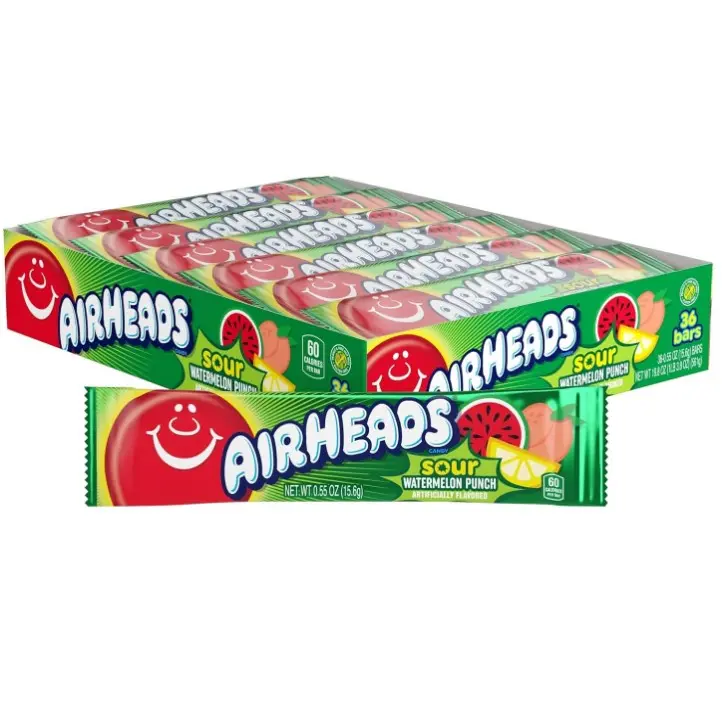 Airheads SOUR Candy Bars, Sour Watermelon Punch Flavored, Bulk, Concessions, Parties, Pack of 36 Bars.