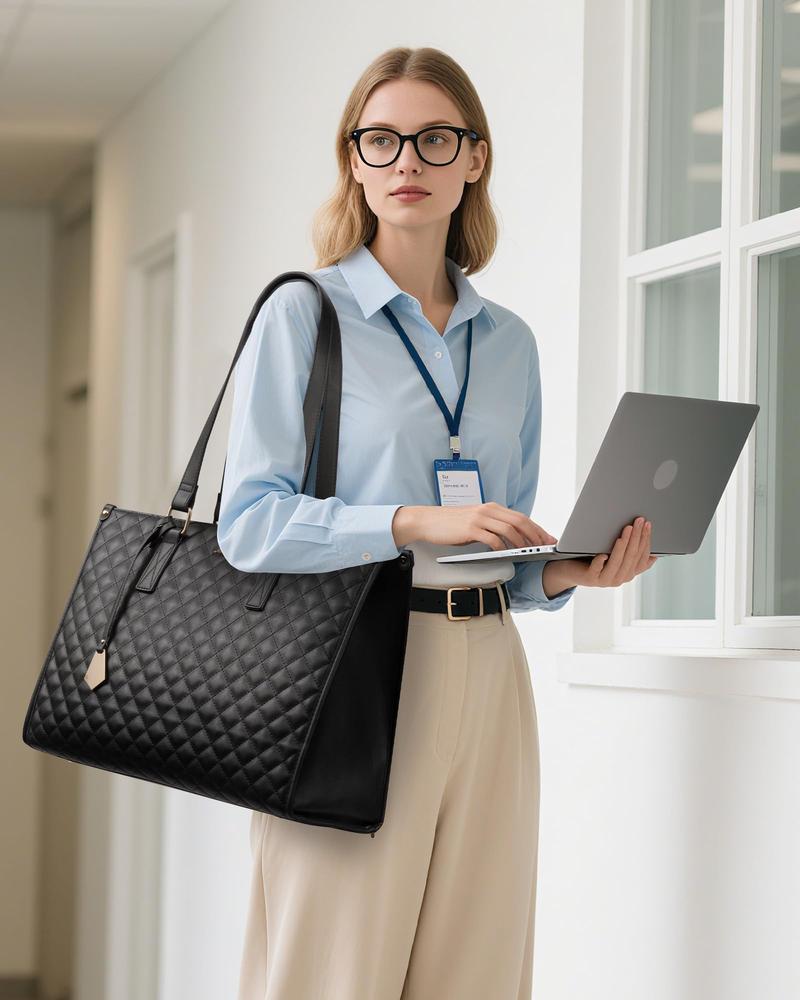 Large Women's Lunch Bags with Insulated Compartment 15.6" Laptop Tote Bag with Leakproof Lunch Box Pocket Work Bag Handbag Black Quilted Design Travel Essentials
