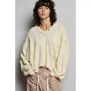 POL V-Neck Long Sleeve Top with Stitch Detail