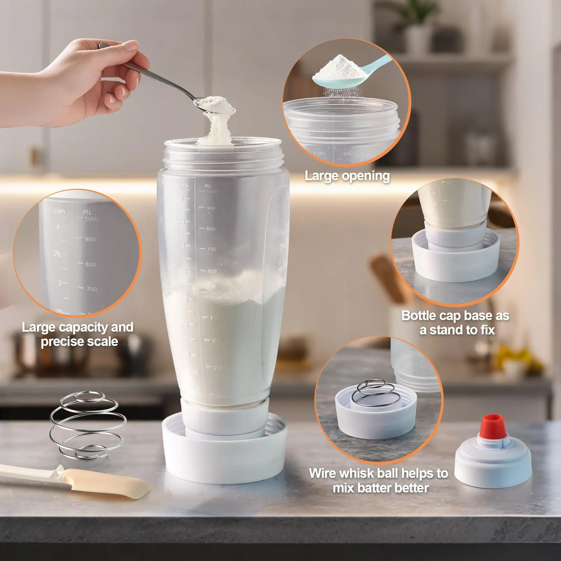 Handheld 4.5-Cup Pancake Batter Dispenser with Scale, Blender Balls & Smooth Pour