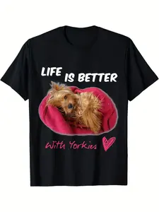 Women'S Yorkshire Terrier Yorkie Lover T-Shirt - Soft & Comfortable Casual Round Neck Short Sleeve Tee with "Life Is Better with Yorkies" Graphic & Yorkie Dog Design, All-Season, Easter, Music Festival, Mother's Day Gifts