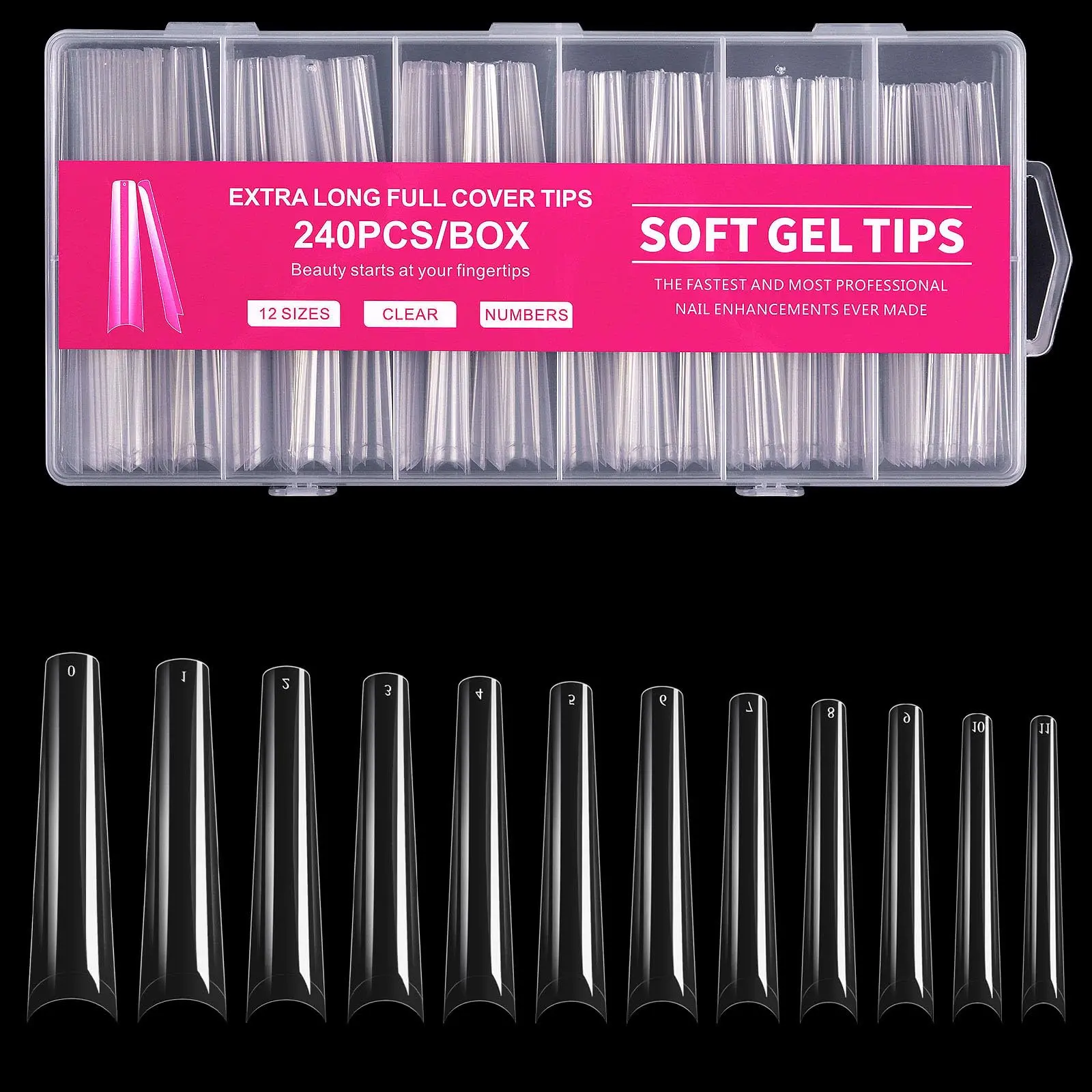240Pcs 2XL Long Coffin Nail Tips, Half Cover Soft Gel Nail Tips Pre-shaped Clear Acrylic False Nails, Fake Nail Extension Press On Nails for Salon & Home DIY, 12 Sizes